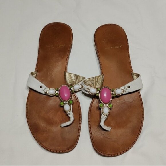 Lilly Pulitzer Embellished White Leather Thong Sandals Flip-Flops 8.5M - Picture 2 of 10